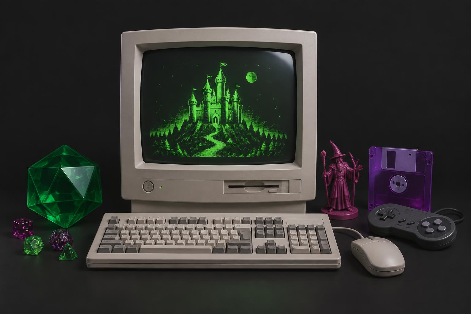 Retro beige computer showing a pixel castle, surrounded by dice and a wizard figure